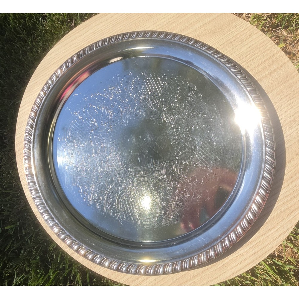 WM Rogers Silver Plated 12 Inch Round Serving Tray Etched Rope Edge